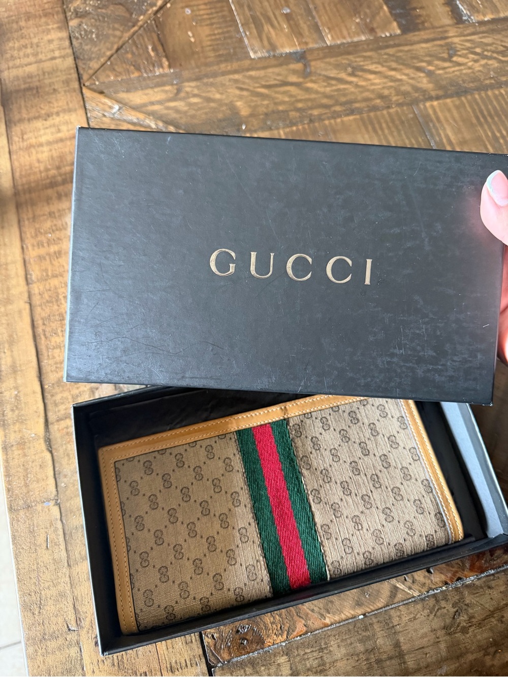 Gucci Brown GG Canvas Card Holder with Green and Red Web Stripe